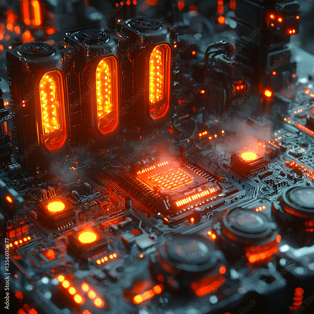 Poster intricate tech design with glowing components and steam. ideal for sci-fi game assets or futuristic 