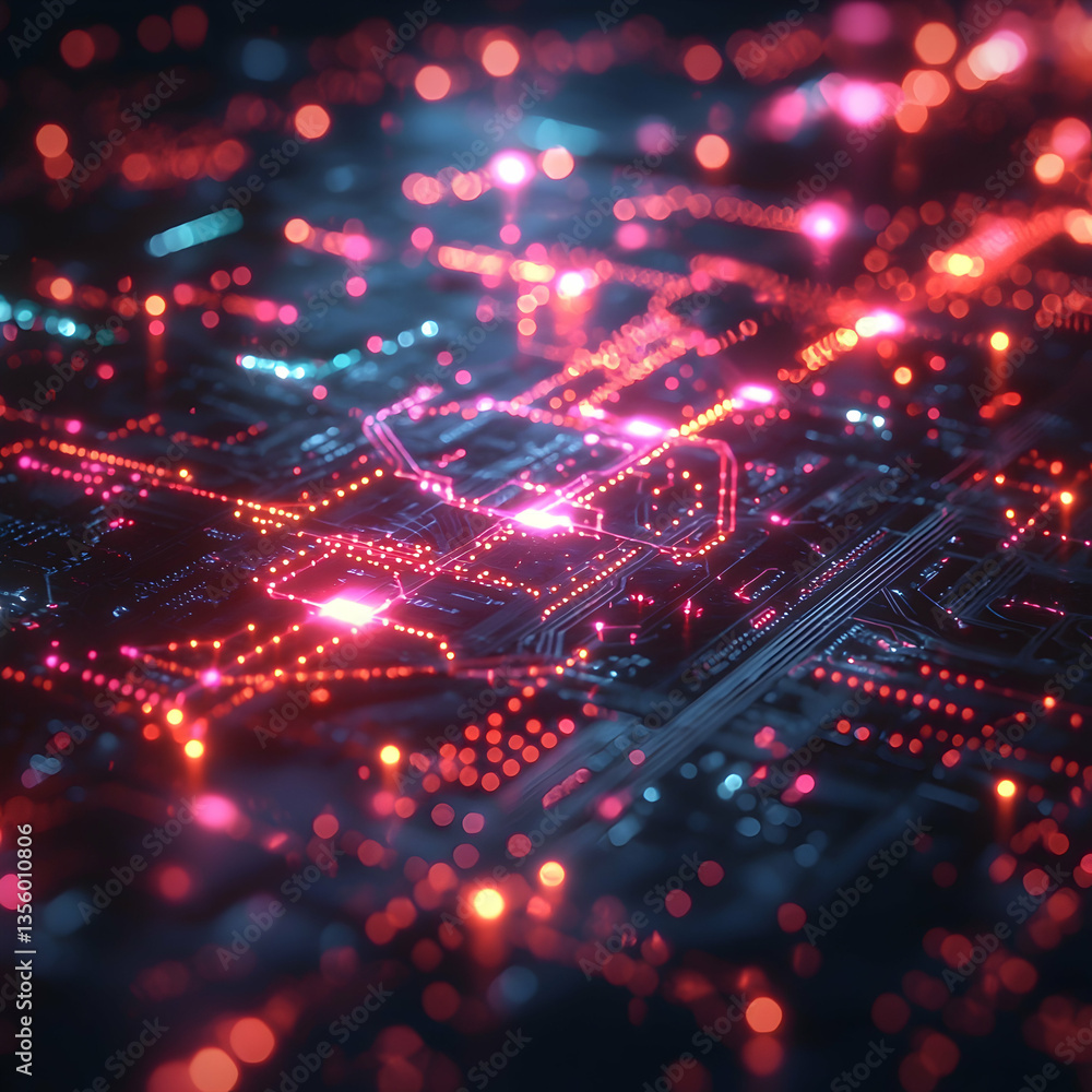 Poster an abstract image of a circuit board with glowing red and blue lights. a visualization of digital ne