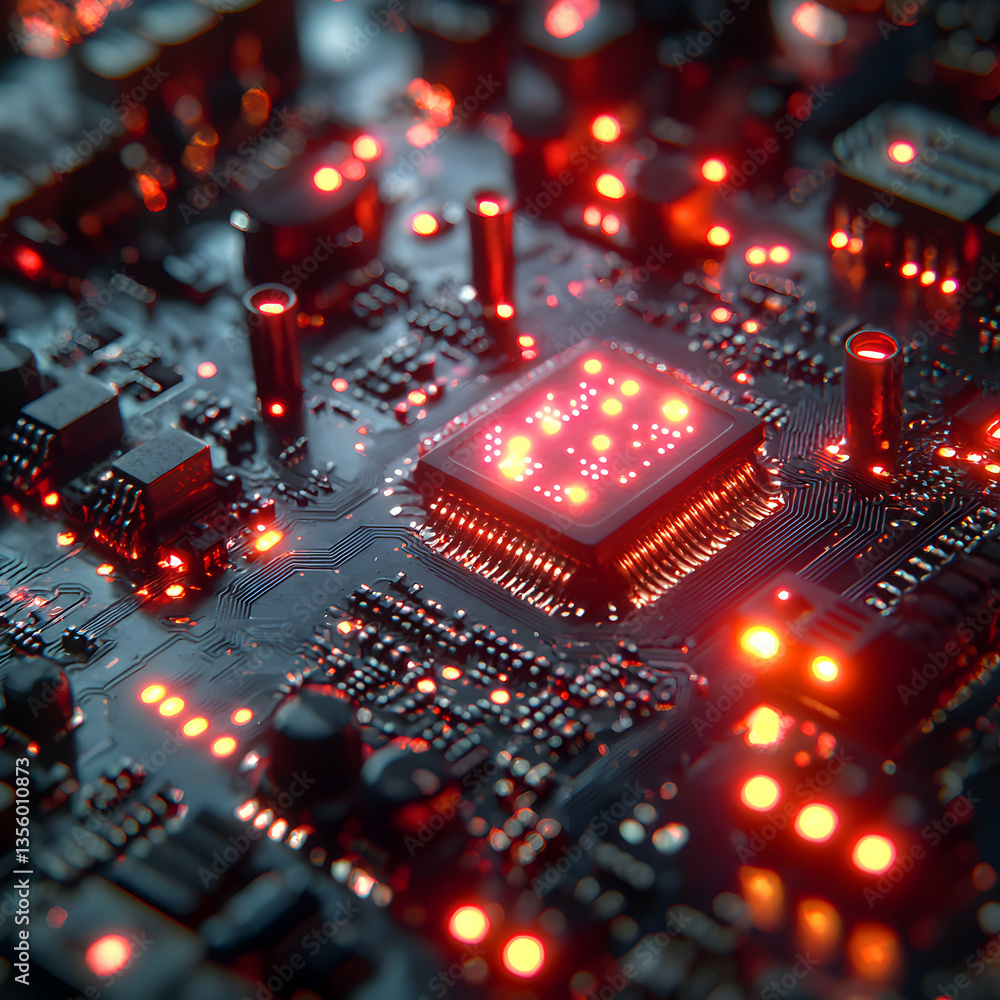 Poster a close-up image of a glowing circuit board with red lights. it could be used to visualize technolog