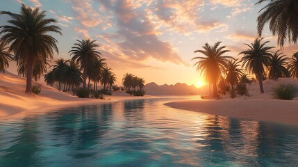 A breathtaking desert oasis with crystal-clear turquoise water surrounded by lush palm trees, standing in stark contrast to the endless golden dunes. The sun sets in the distance,