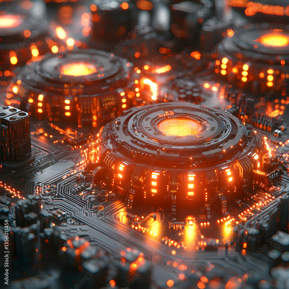Poster intricate glowing circuit board. high-tech concept ideal for futuristic ui designs or scientific vis