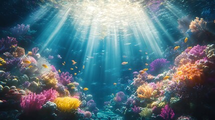 Obraz premium A breathtaking underwater scene filled with vibrant coral reefs, exotic tropical fish swimming gracefully, and beams of sunlight piercing through the crystal-clear water.