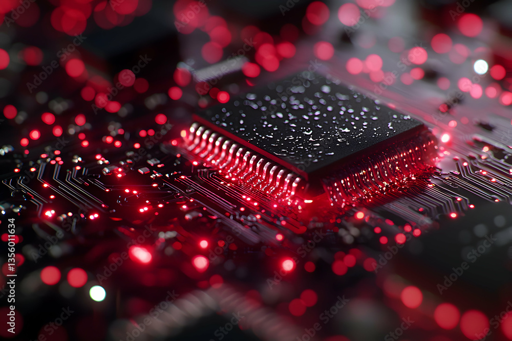 Poster an illuminated circuit board with a processor glows red. it's suitable for tech industry presentatio