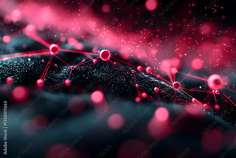 Poster abstract digital art depicting interconnected nodes and networks with a dark background and vibrant 