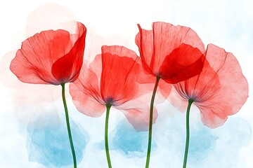 Naklejka premium Translucent red poppies, soft watercolor background, floral, artistic, decorative