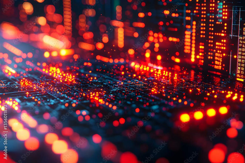 Poster a futuristic abstract image of a computer circuit board with vibrant red and blue lights suggesting 