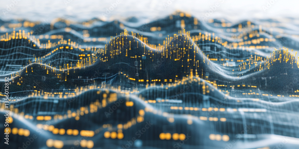 Poster an abstract visualization of a digital landscape with glowing data points on a complex, undulating s