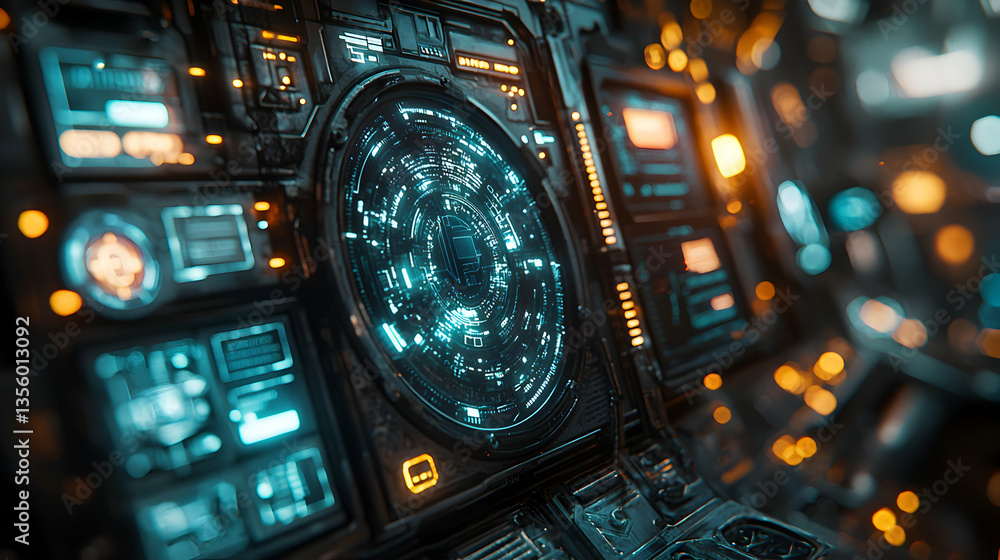 Poster futuristic control panel with glowing displays. visualize data and monitor systems for spacecraft or