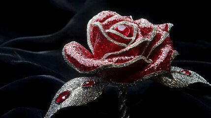 A breathtaking ruby rose, meticulously crafted with diamonds, rests elegantly on black velvet, a symbol of timeless beauty and luxury.