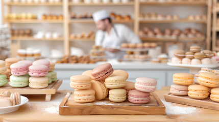 Obraz premium Artisanal macarons displayed beautifully in pastry shop, showcasing vibrant colors and textures