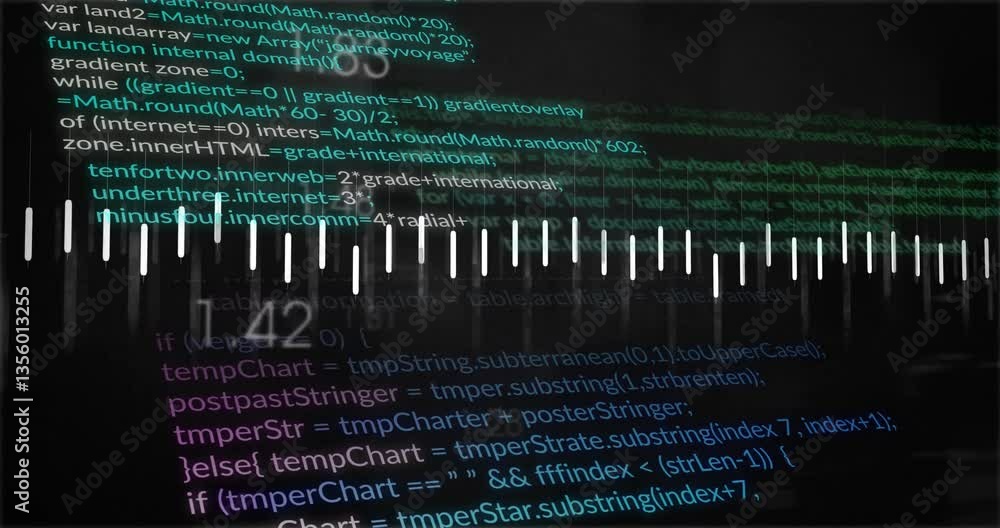 Poster computer code and data processing animation over digital sound wave visualization