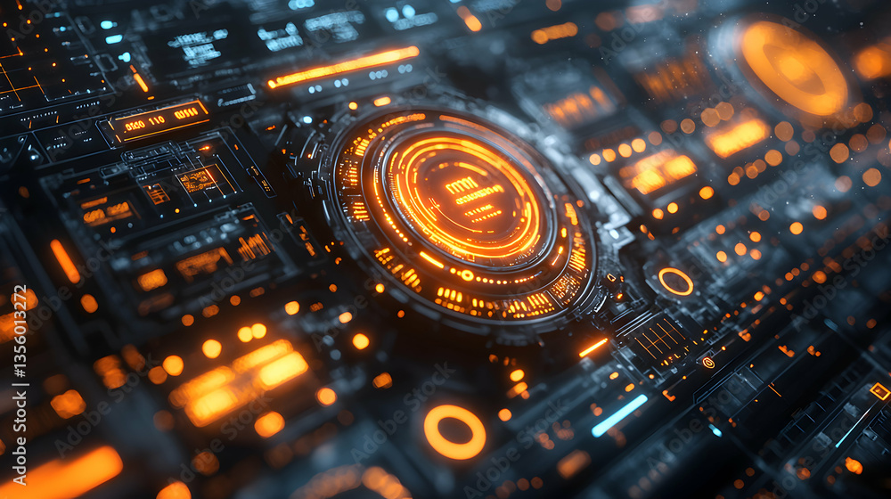 Poster futuristic interface with glowing orange lights. perfect for sci-fi visuals or tech-themed projects.