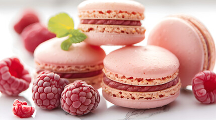 Fototapeta premium Delicious pink raspberry macarons with fresh raspberries and mint leaves