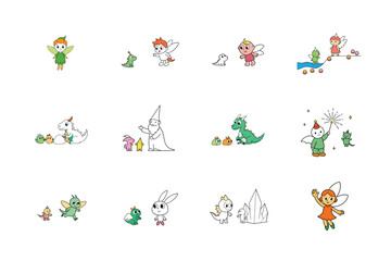 Little Fairy & Baby Dragon Line Art – Whimsical Storybook Vector Illustration
