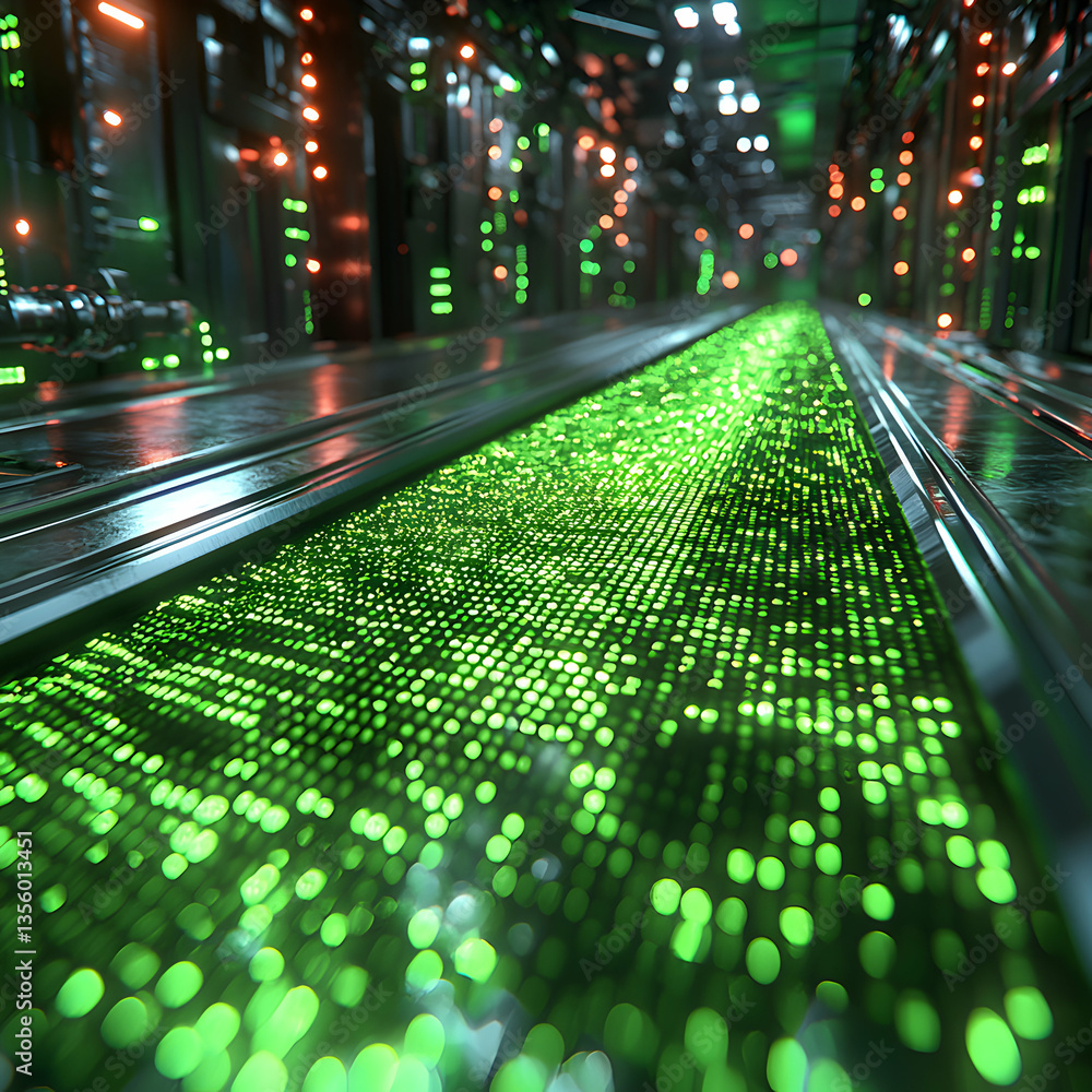 Poster a futuristic data highway streams with green light amidst a tech-filled environment. suggestion: use