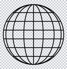 Globe Icon Outline – Global Internet Symbol in Black Line Style on Transparent Background.