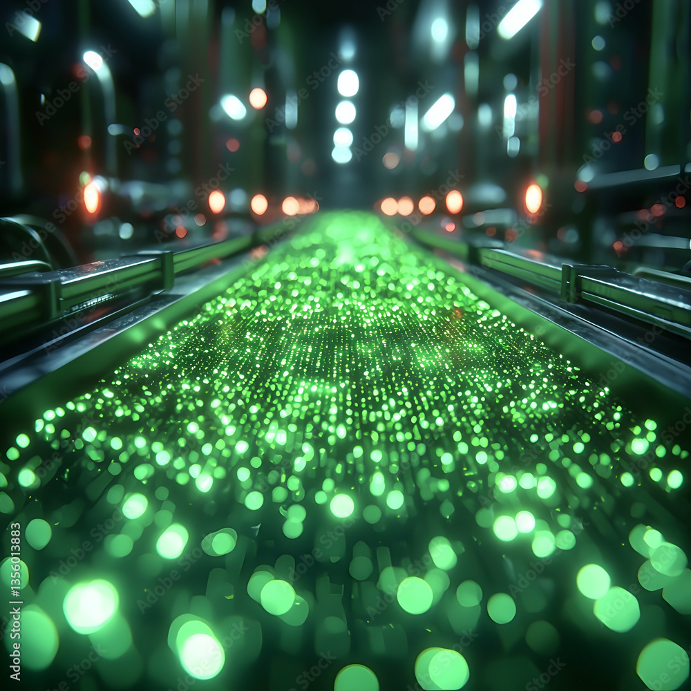 Poster futuristic tech corridor with glowing green data flow. suggests a high-tech server room or data cent