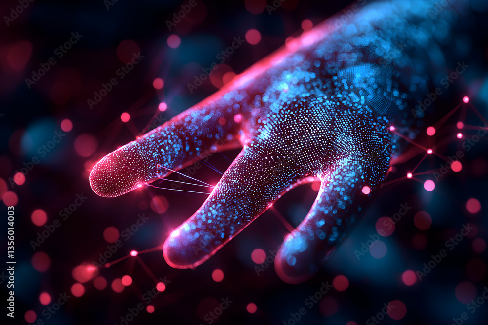 Poster a digital hand made of glowing dots. it reaches forward in a high-tech futuristic style. it could be