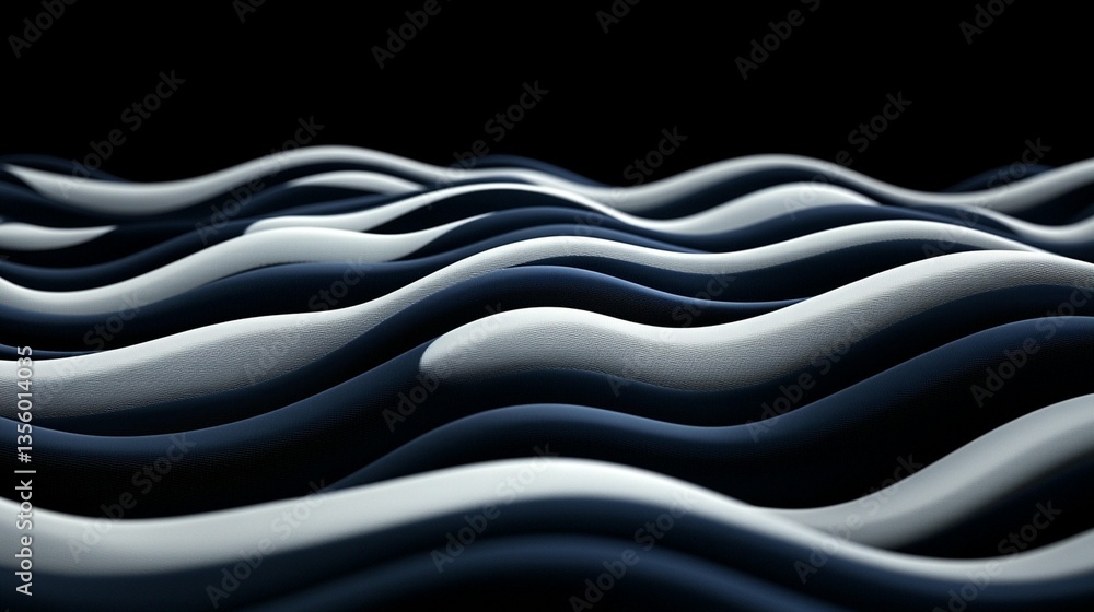 Poster abstract 3d rendering of flowing, wavy lines in navy blue and white, creating a dynamic, undulating 