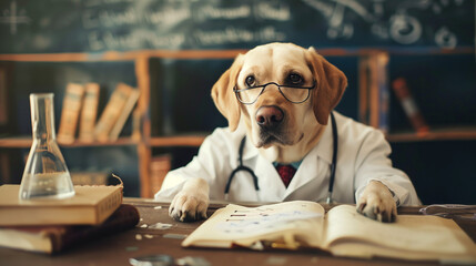 A dog wearing a lab coat as a scientist 