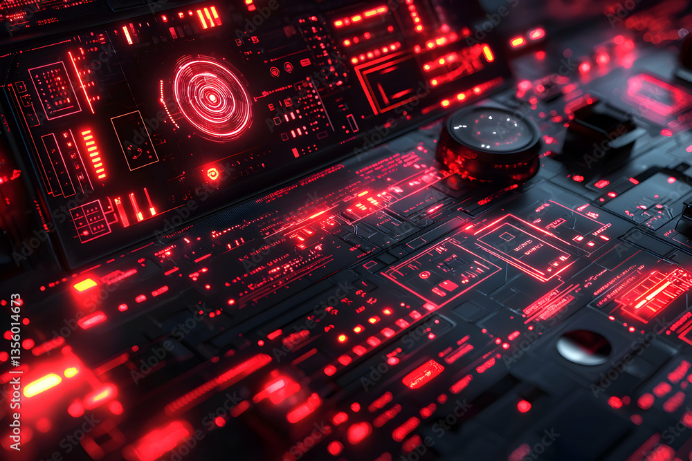 Poster futuristic red glowing circuit board with a complex design. perfect for science fiction themes techn