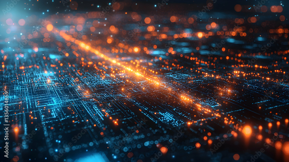 Poster digital data flow visualization featuring glowing orange and blue lights representing a network or t