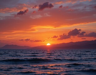 Obraz premium Vibrant Sunset over Ocean Waves and Distant Mountains Scenic Coastal Landscape