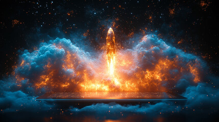 Futuristic Rocket Launching from Digital Tablet with Fire and Smoke
