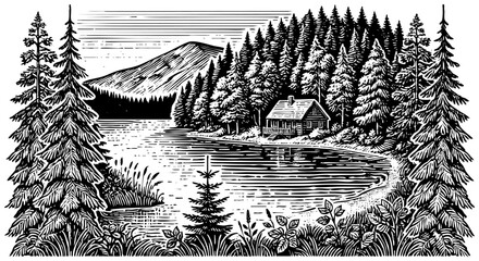 Lake landscape sketch engraving black and white outline. Scratch board imitation.  illustrated in vintage line art style on a white background.
