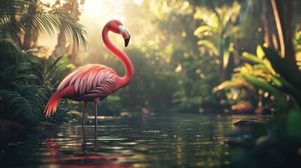 Fototapeta premium Vibrant Flamingo Stands Gracefully by Lush Tropical Waterway