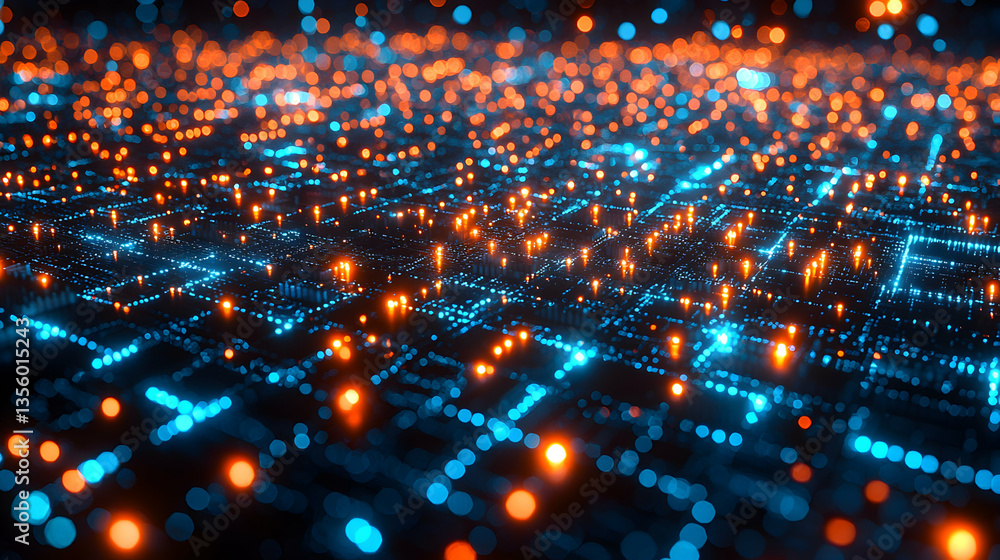 Poster abstract futuristic digital landscape of connected lights. visualizes data networks computing and te