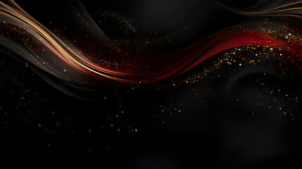 A mesmerizing dance of crimson and gold, swirling elegantly across a dark canvas, speckled with glittering stardust.