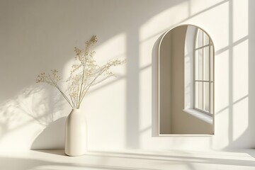 Minimalist room with arch mirror and vase. Sunlight streams in. Interior design inspiration