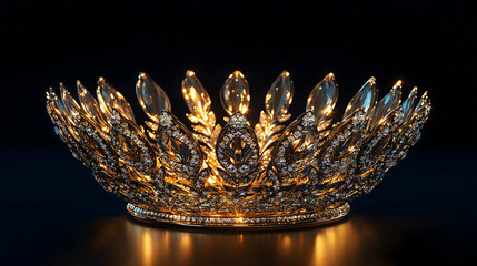 A radiant jeweled crown, a symbol of regal power and timeless elegance, glows with an inner light against a deep black backdrop.