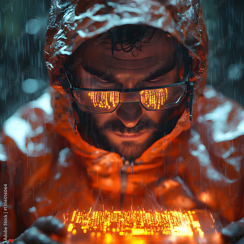 Poster a person in the rain is focused on a glowing device. this could represent a data analyst or a tech e
