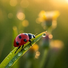  A vibrant red ladybug perched on the edge of a delicate flower petal, its tiny body covered in glistening dewdrops.