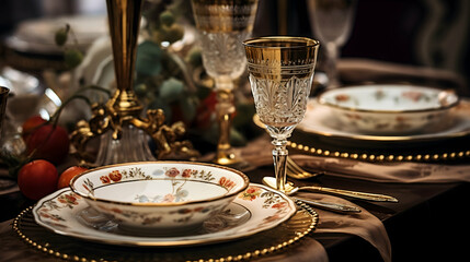 An elegant table setting adorned with exquisite floral porcelain and shimmering gold-rimmed glassware, bathed in soft, warm light.