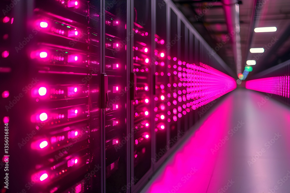 Poster a server room glows with pink lights creating a data-centric aesthetic. a great visual for technolog