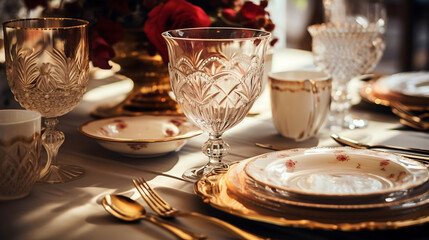 An elegant tablescape awaits, showcasing exquisite crystal glassware and delicate floral china, bathed in warm, golden sunlight.
