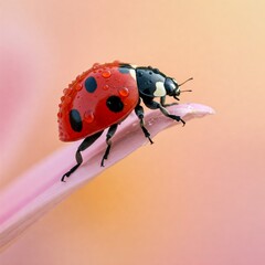  A vibrant red ladybug perched on the edge of a delicate flower petal, its tiny body covered in glistening dewdrops.