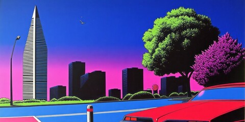 Retro futuristic cityscape with towering skyscraper and vibrant hues