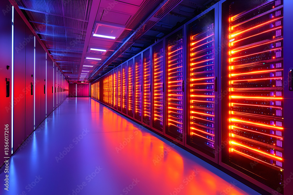 Poster a vibrant data center hallway bathed in red and blue light. this image is perfect for illustrating c