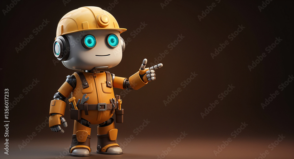 Poster positive cute robot builder pointing at a space. generative ai