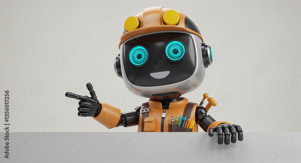 Aufkleber positive cute robot builder pointing at a space. generative ai