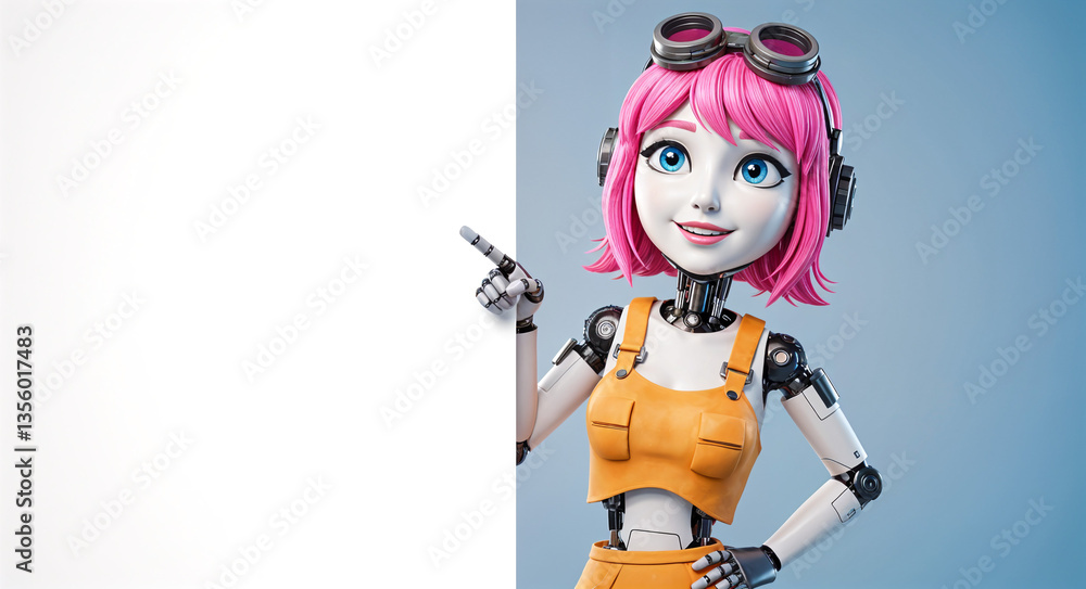 Poster positive cute robot pointing at a space. generative ai