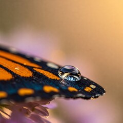 A single, perfectly round water droplet delicately balancing on the intricate patterns of a butterfly’s wing.