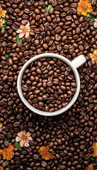 Fototapeta premium Coffee Beans in Mug with Floral Background.