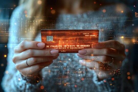 Person holding a credit card with digital effects indicating online payment and security - Powered by Adobe