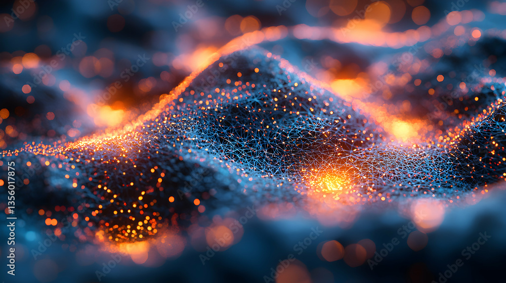 Poster abstract digital art featuring interconnected nodes emitting light creating a futuristic landscape. 