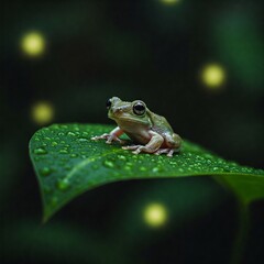 A tiny, vibrant green tree frog resting on a floating lily pad, its delicate skin glistening with tiny water droplets